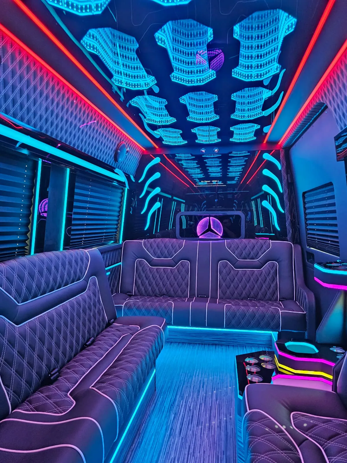 Limo Sprinter lounge seating and ambient lighting, NYCSprinterVan.com