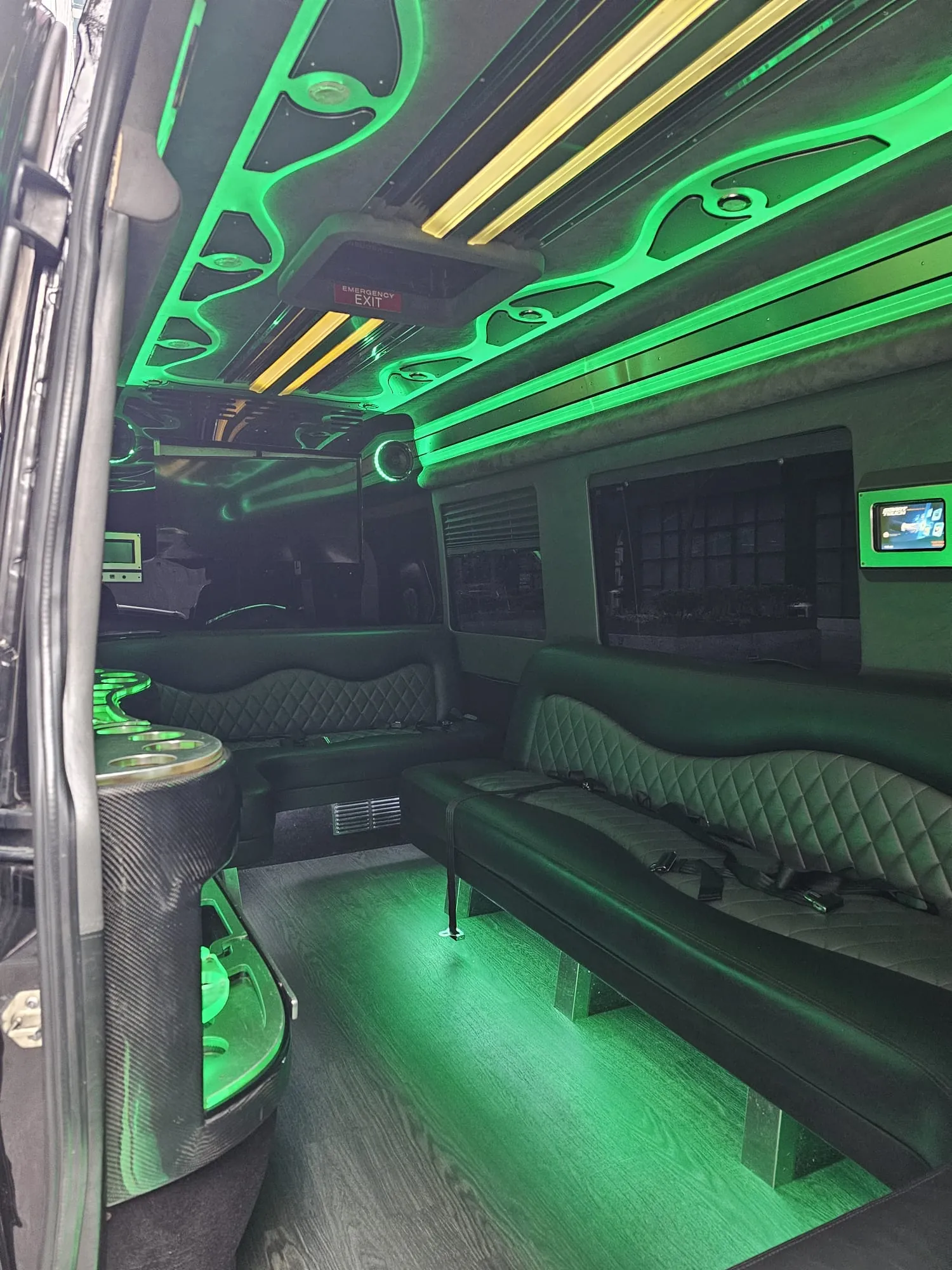 Limo Sprinter lounge seating viewed through the open doorway — Wedding Shuttle Service New Jersey by Sprinter with Driver